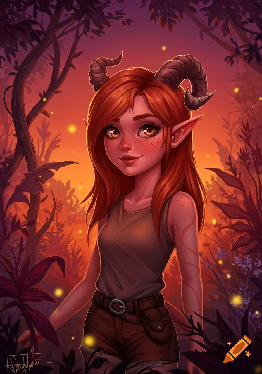 A smiling, red-haired tiefling girl with freckles and horns stands in a magical forest at sunset, digital art.