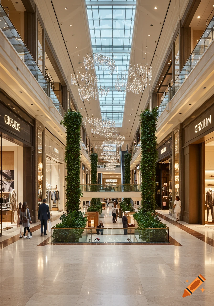 A bright, spacious shopping mall interior with high ceilings, glass skylights, chandeliers, green pillars, and shops.