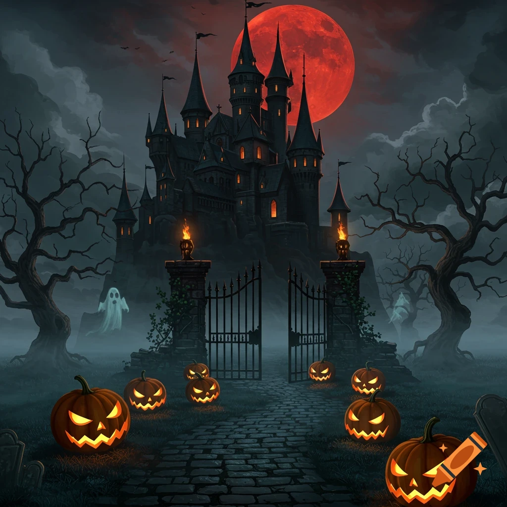A dark, spooky castle with a red moon, glowing jack-o'-lanterns, bare trees, and ghosts in a foggy Halloween scene.