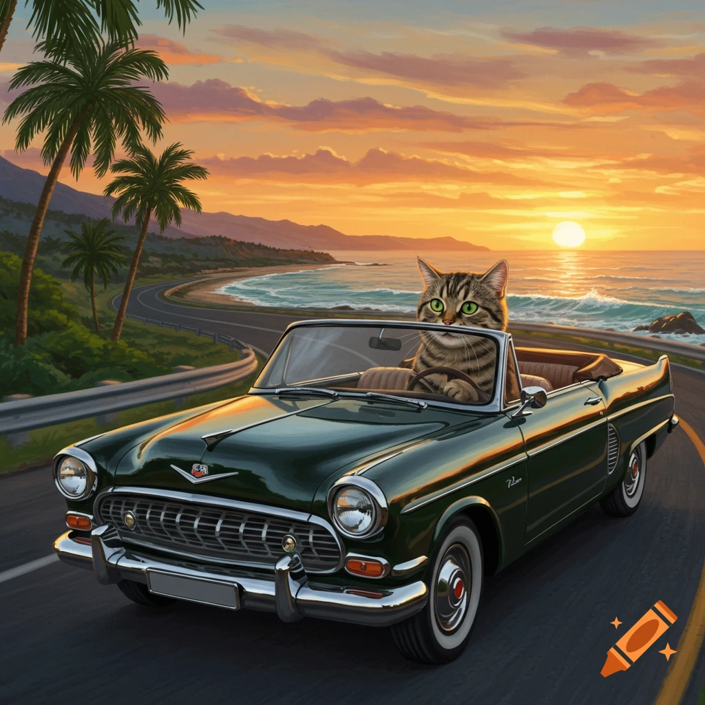 A cat in a green vintage convertible car drives along a scenic coastal road at sunset with palm trees.