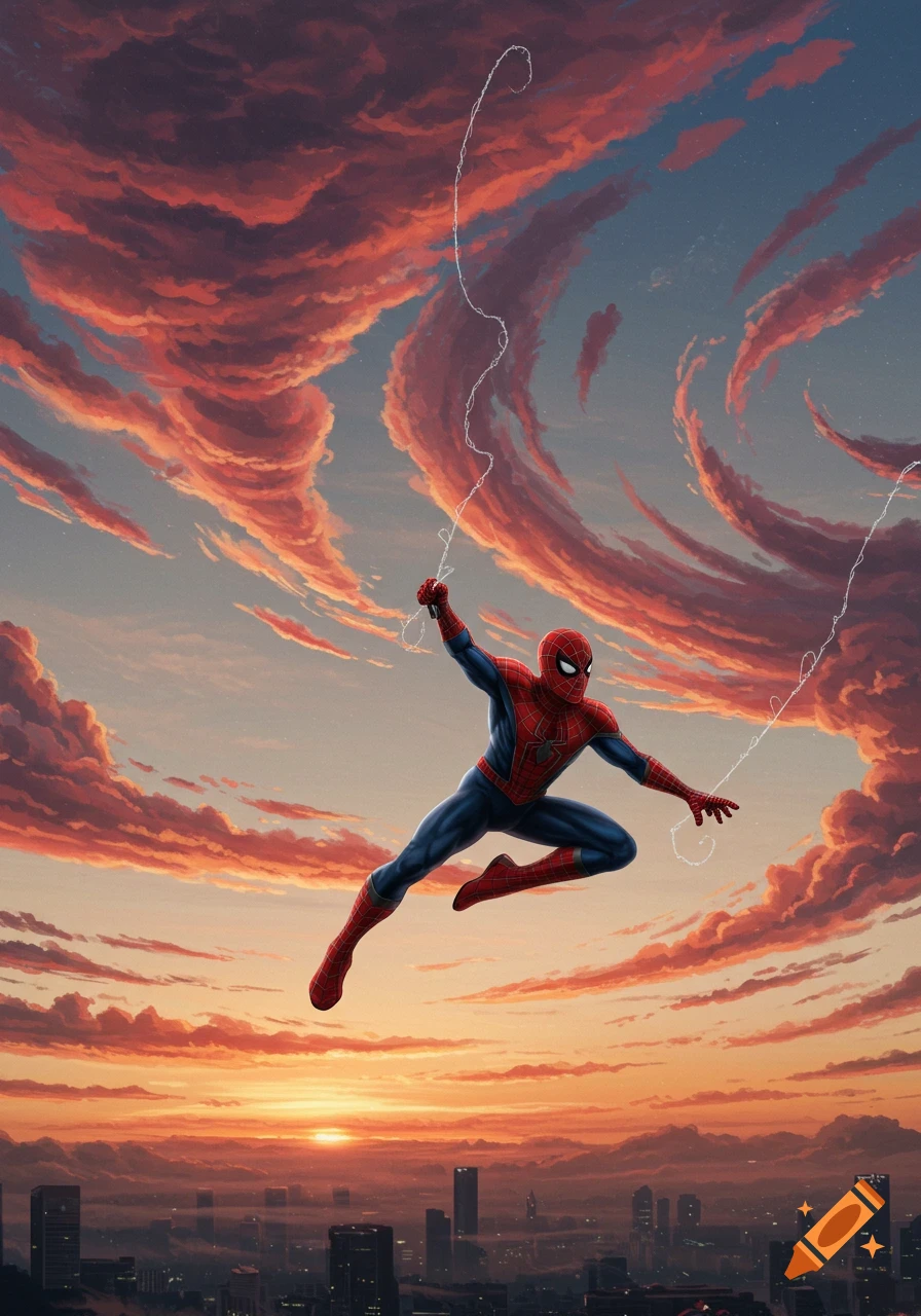 Spider-Man swings through the sky above a city at sunset, with dramatic red and orange clouds.