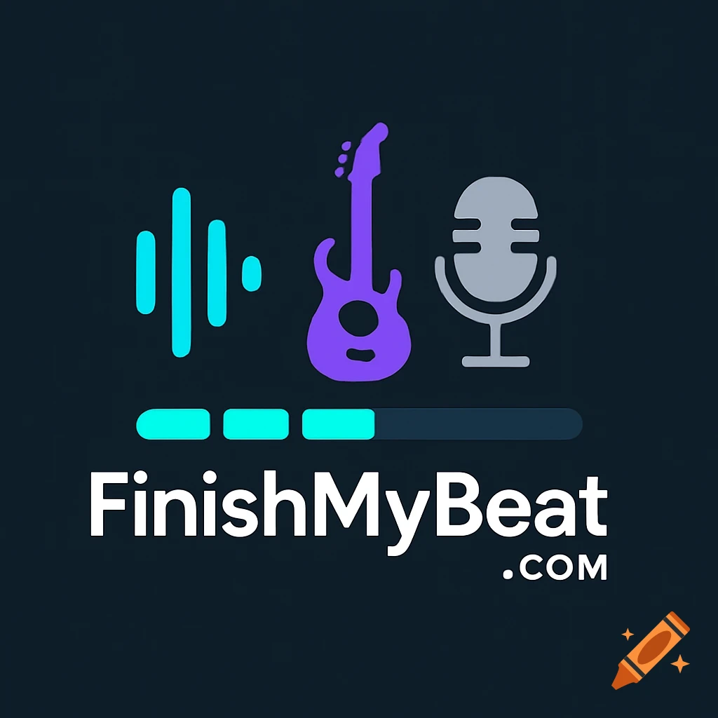 A logo for FinishMyBeat.com featuring sound waves, a purple electric guitar, and a grey microphone on a dark background.