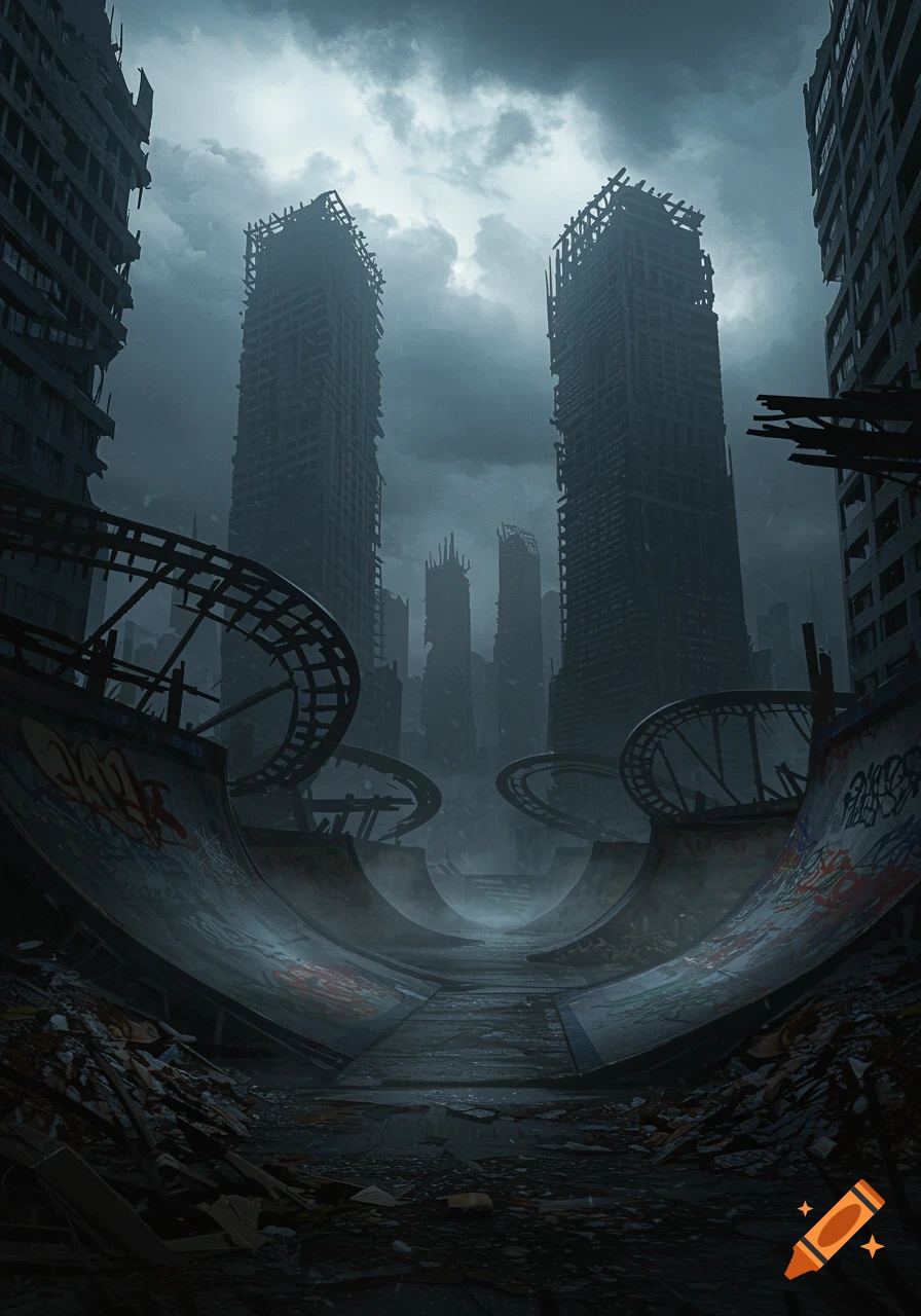 A moody, dark, post-apocalyptic cityscape with ruined skyscrapers and a large, dilapidated skateboard park in the foreground.