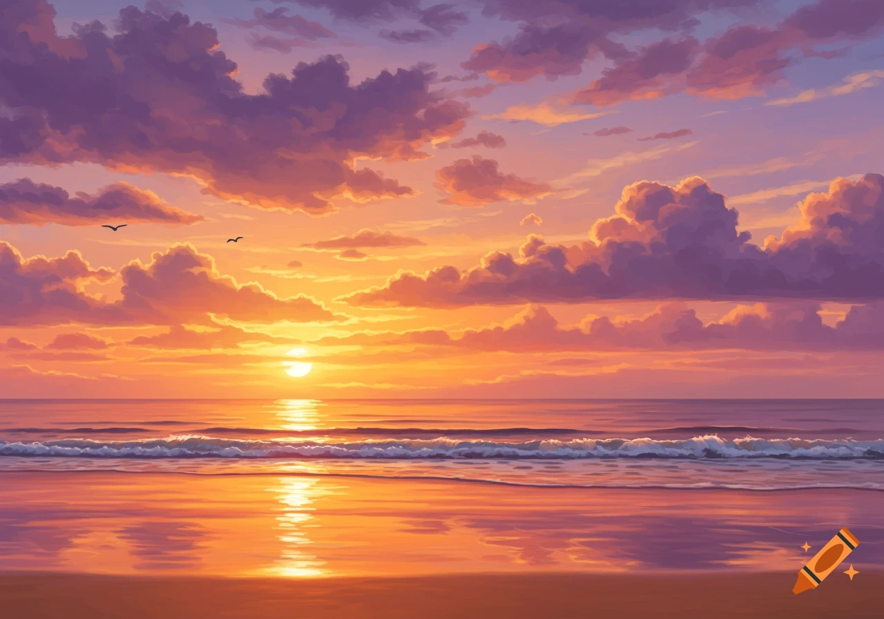 Vibrant sunset over an ocean beach, with purple and orange clouds reflected on the wet sand and water, and two birds flying.