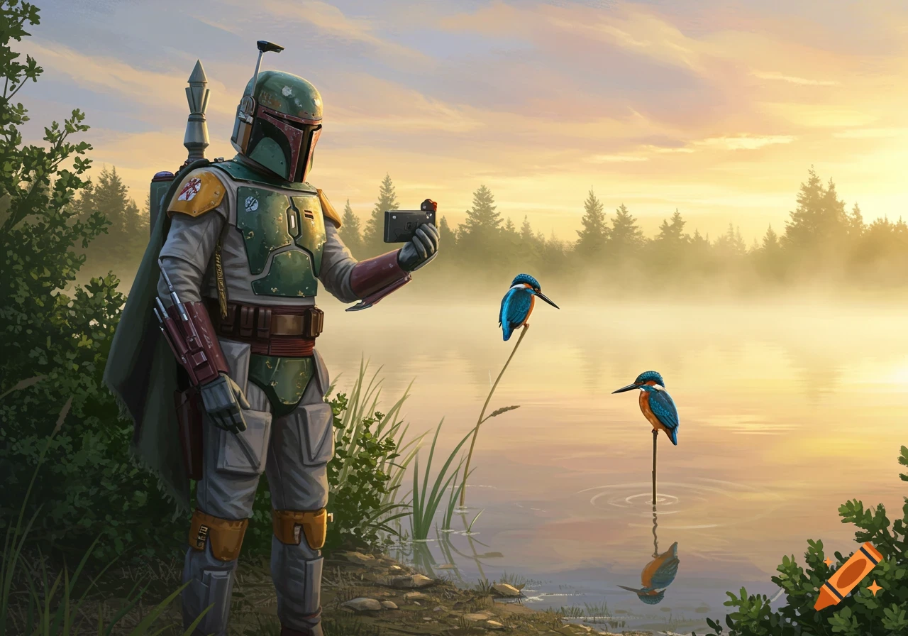 Boba Fett stands by a misty lake at sunrise, holding a camera to photograph two kingfishers perched on reeds.