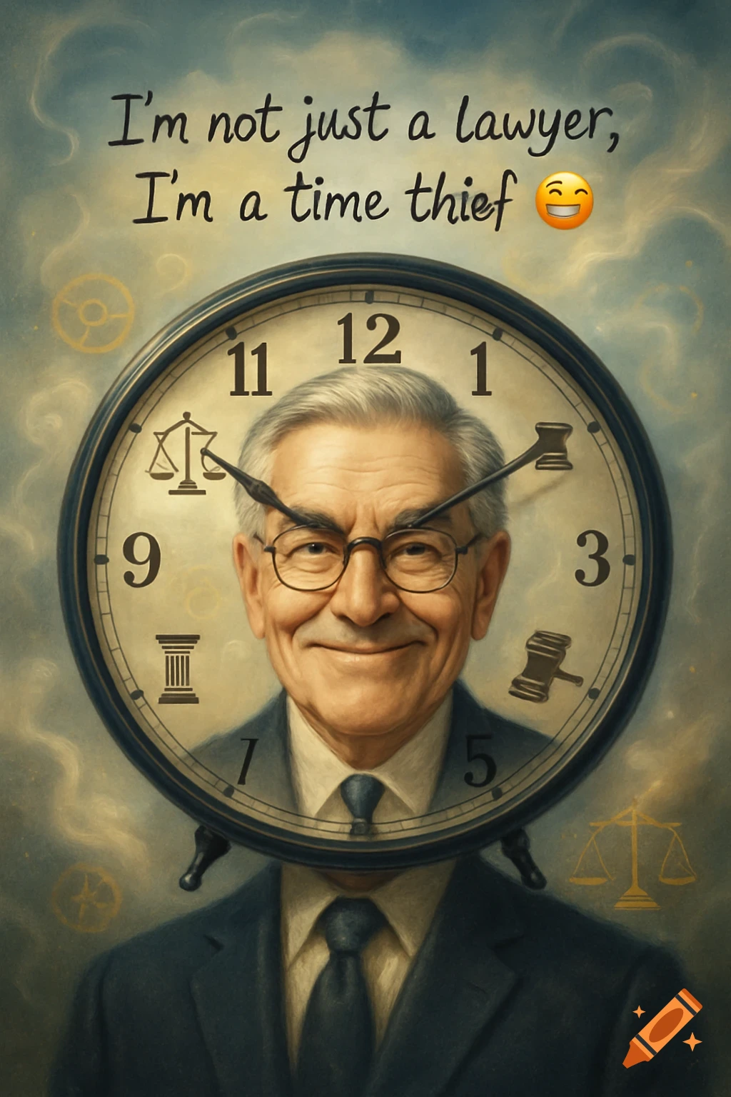 A smiling older lawyer's face inside a large clock, with legal symbols on the clock face. Text reads 'I'm not just a lawyer, I'm a time thief' with a smiling emoji, on a cloudy blue background.