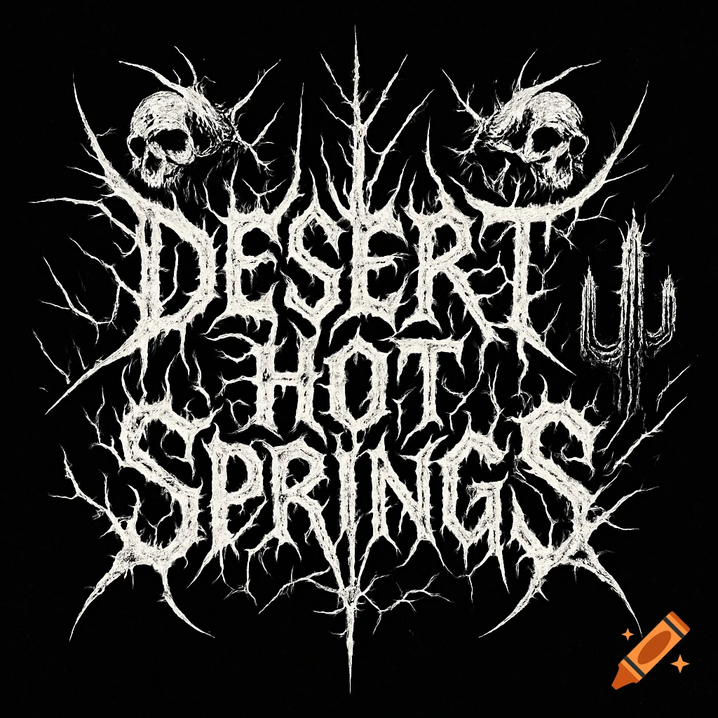 Black and white death metal logo featuring 'DESERT HOT SPRINGS' text, two skulls, and a stylized cactus.