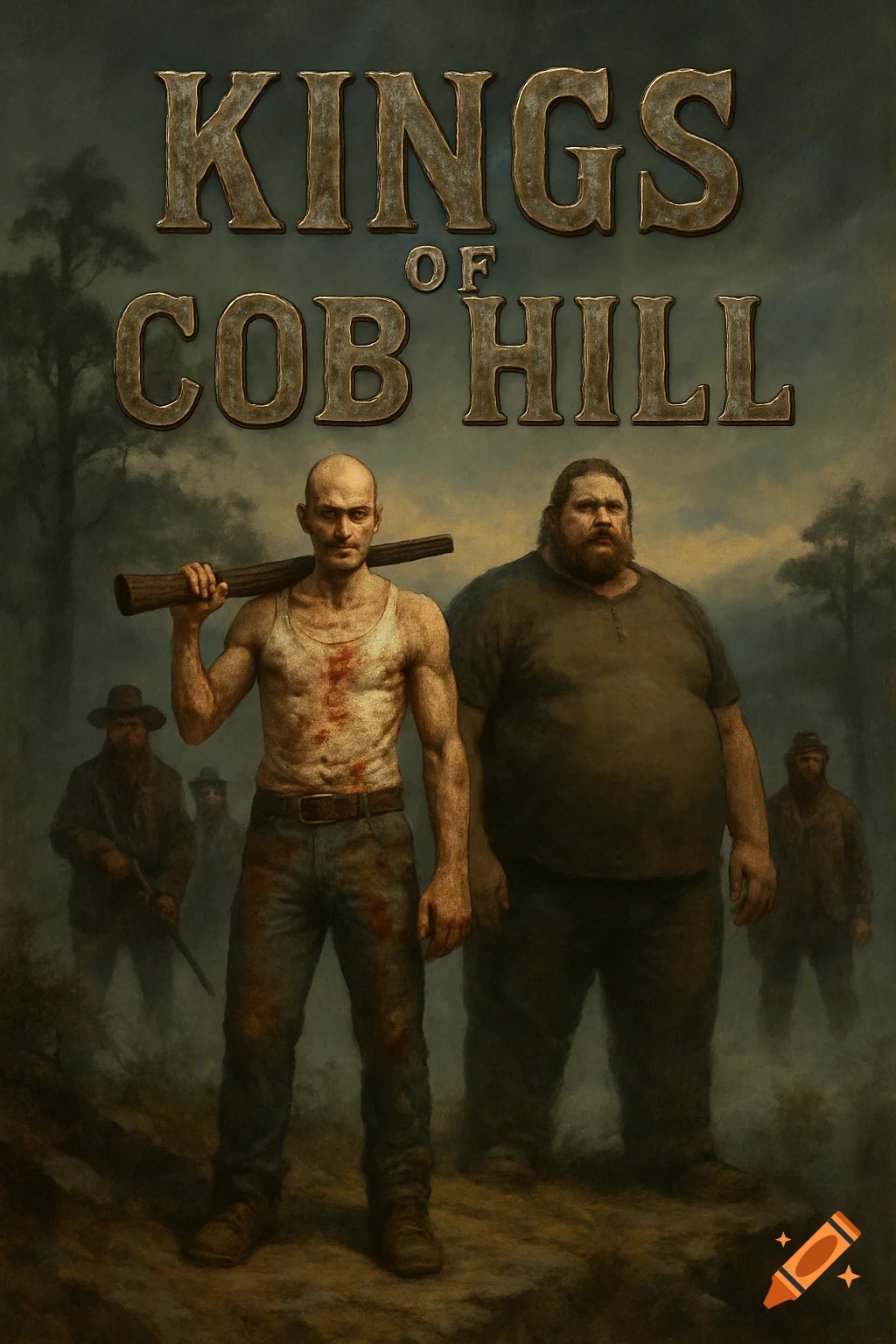 A semi-realistic painting of two men in a rural, misty setting, with 'KINGS OF COB HILL' at the top.