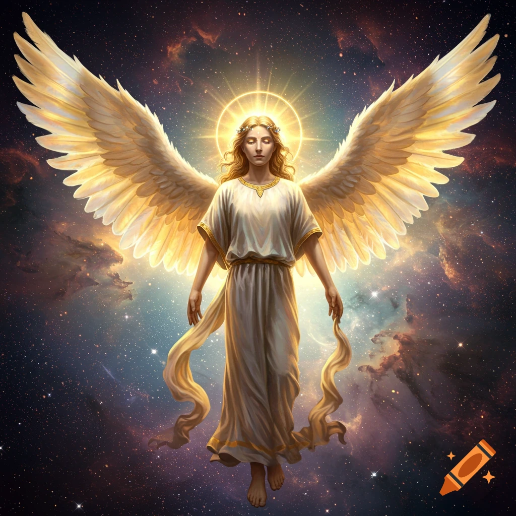 A radiant angel with golden wings and a halo floats in a cosmic, star-filled sky in a hyper-realistic style.