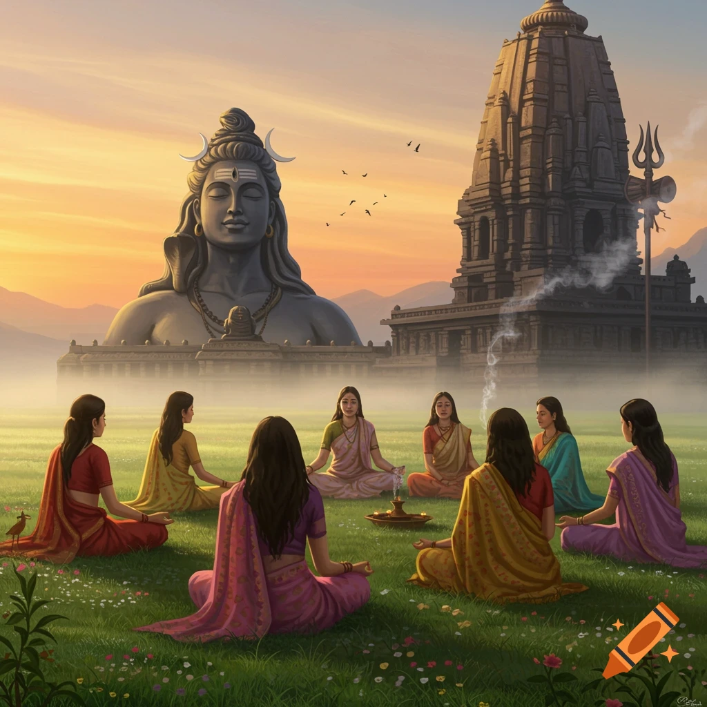 Women meditate in a grassy field before a colossal Shiva statue and a traditional temple at sunset, serene art style.