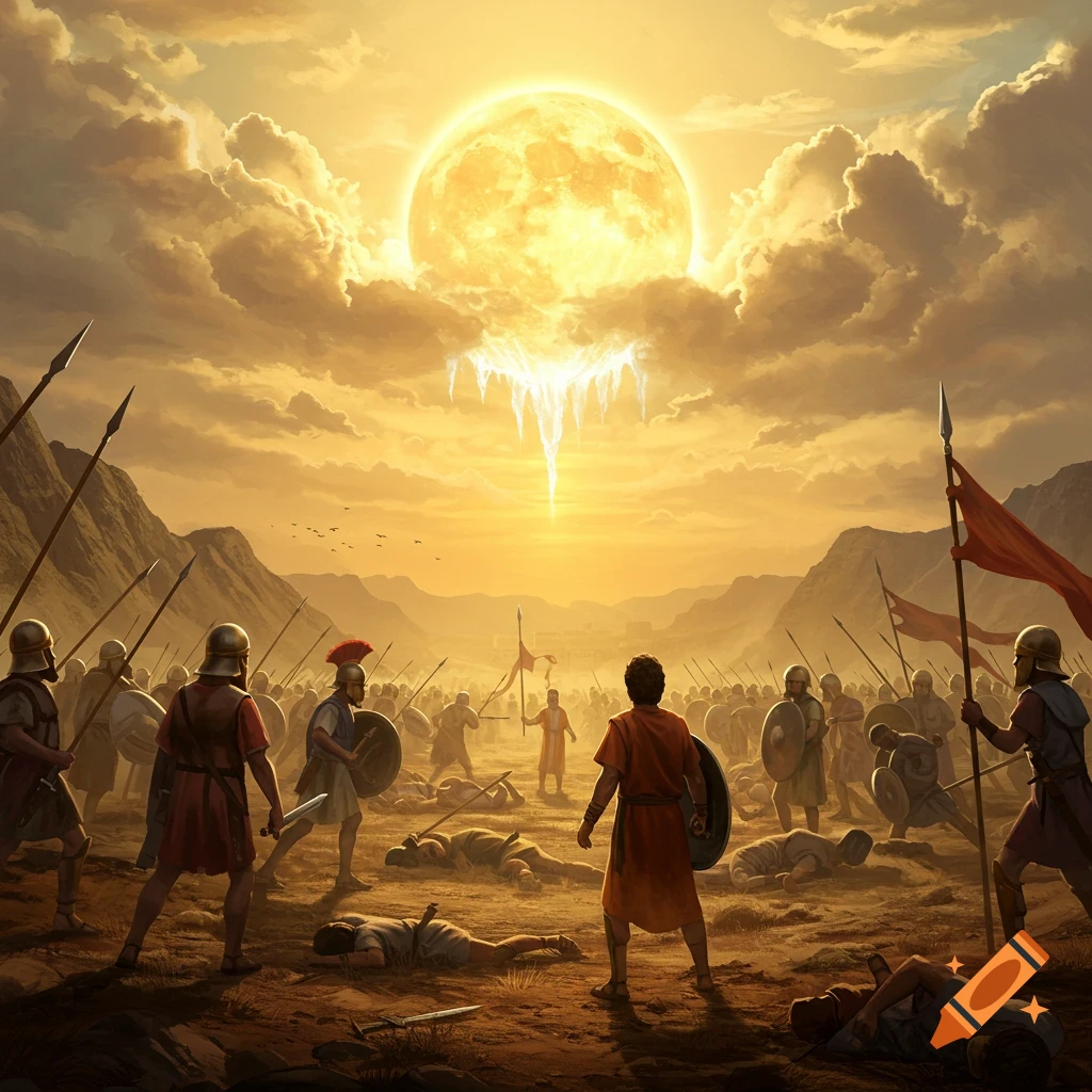 Ancient soldiers battle in a desert under a massive glowing orb and mystical light in the sky.