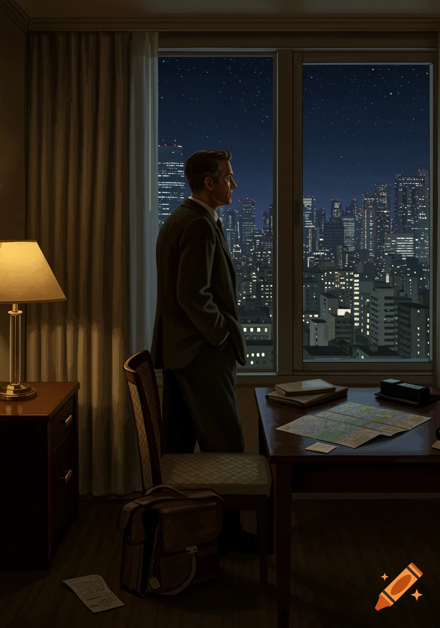 A man in a suit looks out a large window at a sprawling city skyline at night from inside his hotel room. A lamp and a desk with a map are visible.