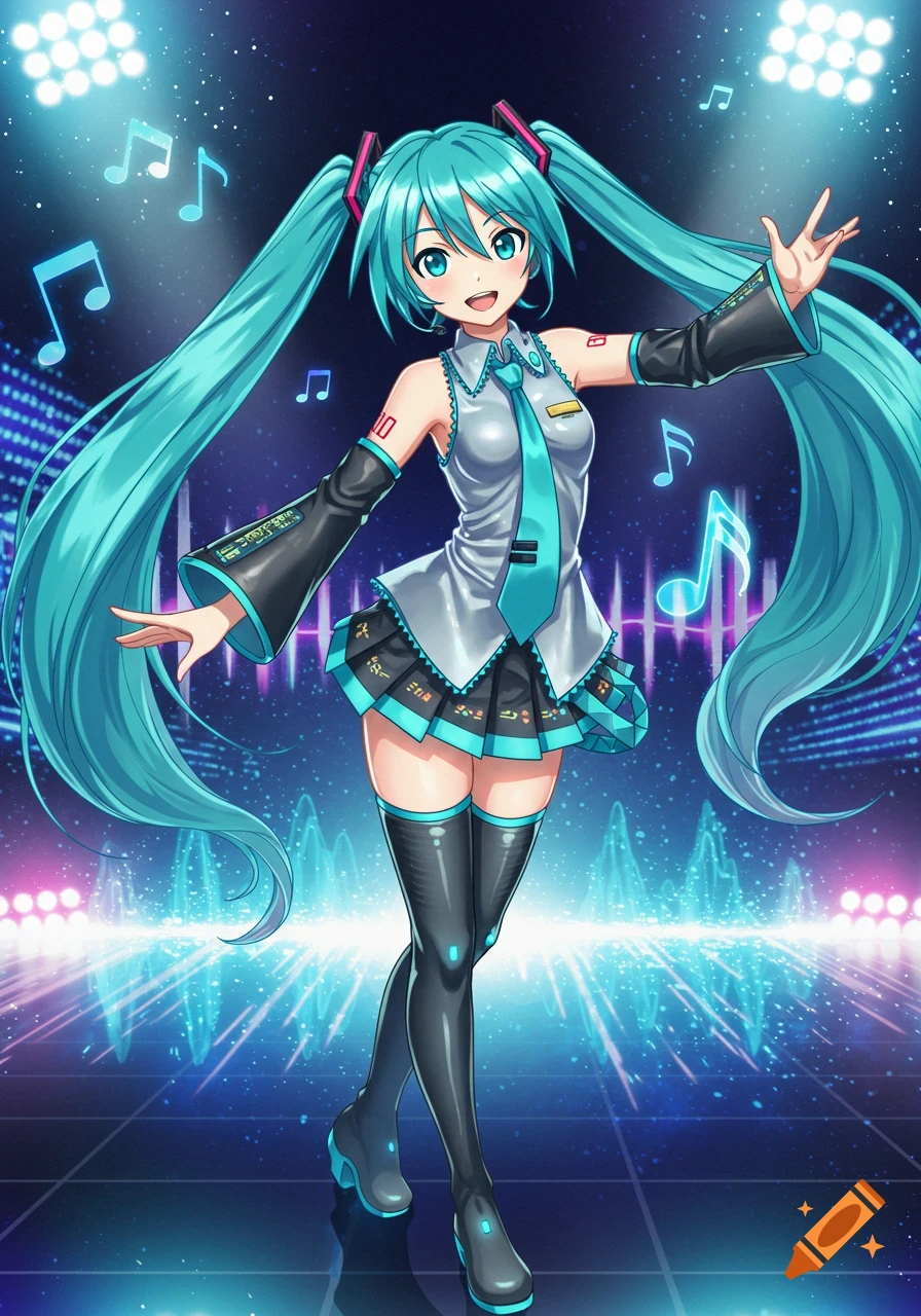 An anime character with long turquoise pigtails and a futuristic outfit smiles on a glowing stage surrounded by musical notes and spotlights.