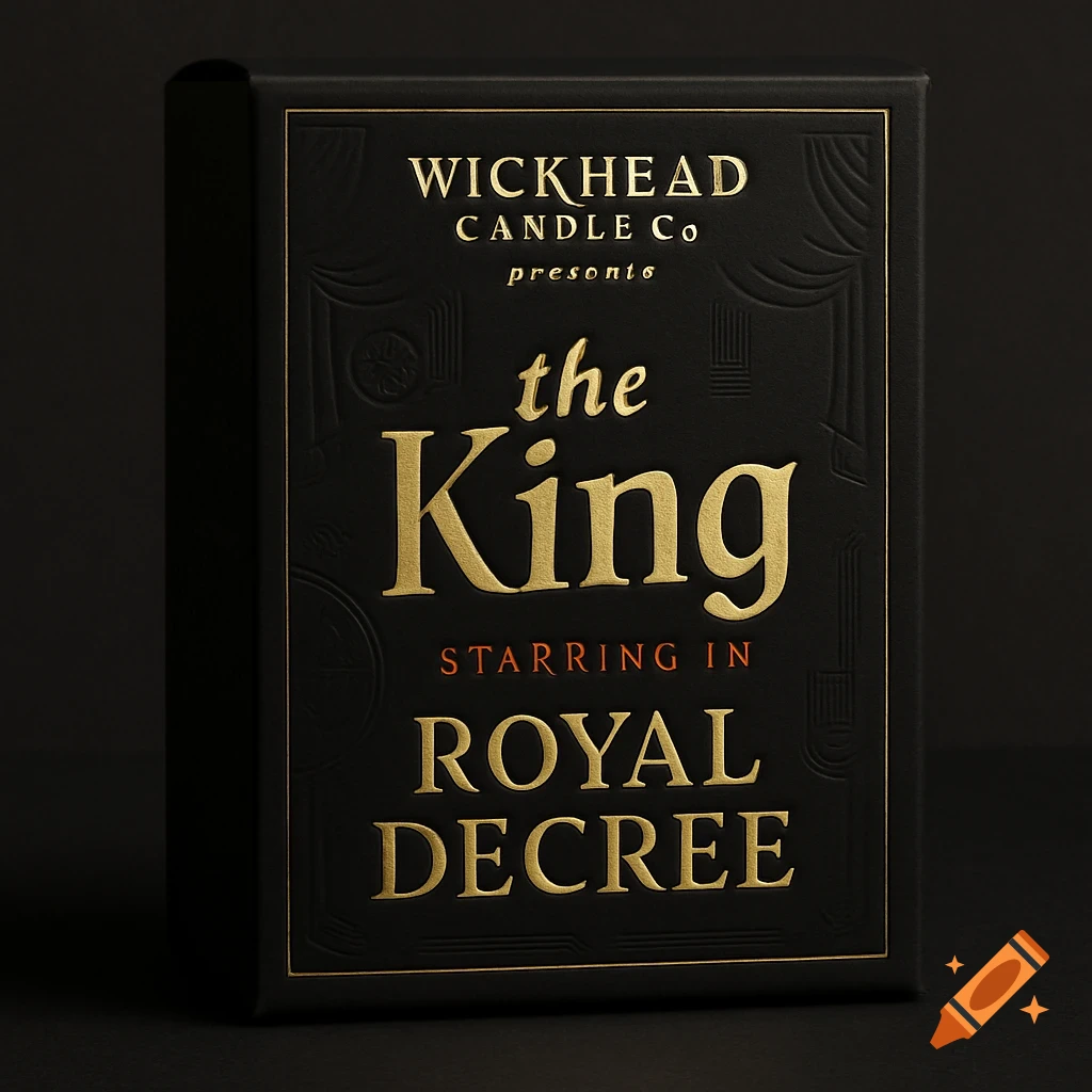 Close-up of a black candle box with gold and red text. It says 'WICKHEAD CANDLE Co presents the King STARRING IN ROYAL DECREE'.