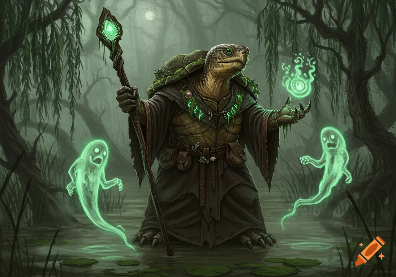 A tortle warlock stands in a misty swamp, holding a glowing staff and conjuring two green ghosts.