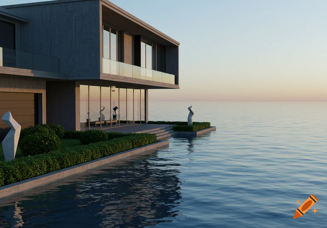 A modern concrete house with large glass windows overlooks a calm sea at dusk or dawn, featuring abstract sculptures and manicured green hedges.