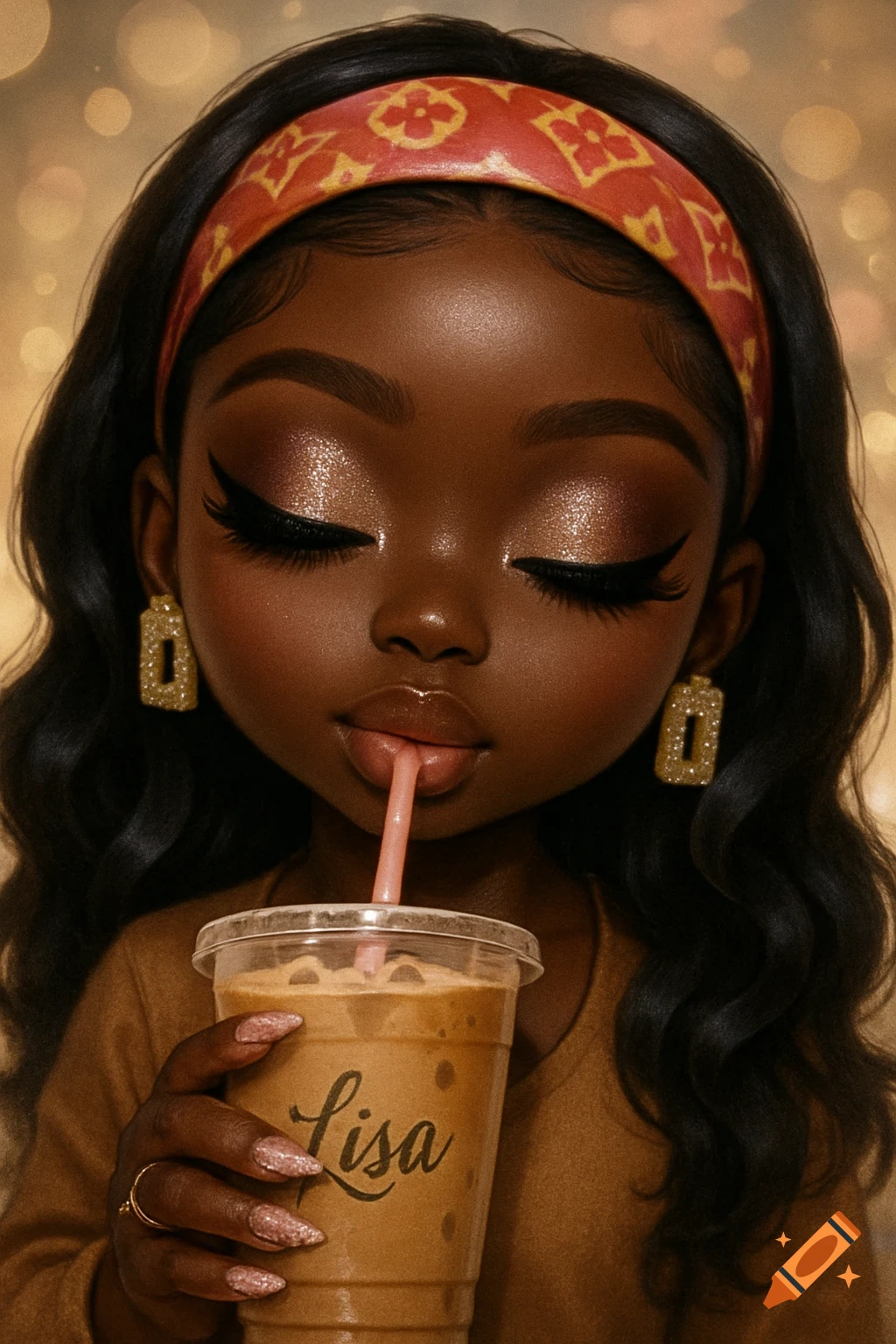 Close-up stylized digital art portrait of a woman with dark skin, wearing a patterned headband and glittery earrings, sipping an iced coffee through a pink straw. The coffee cup has 'Lisa' written on it in cursive. She has long eyelashes and glittery eye makeup, with a sparkly blurred background.