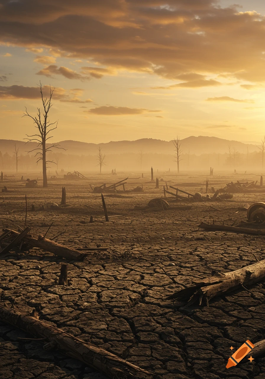 A desolate, cracked earth landscape with barren trees under a hazy, orange sunset sky, depicting environmental devastation.