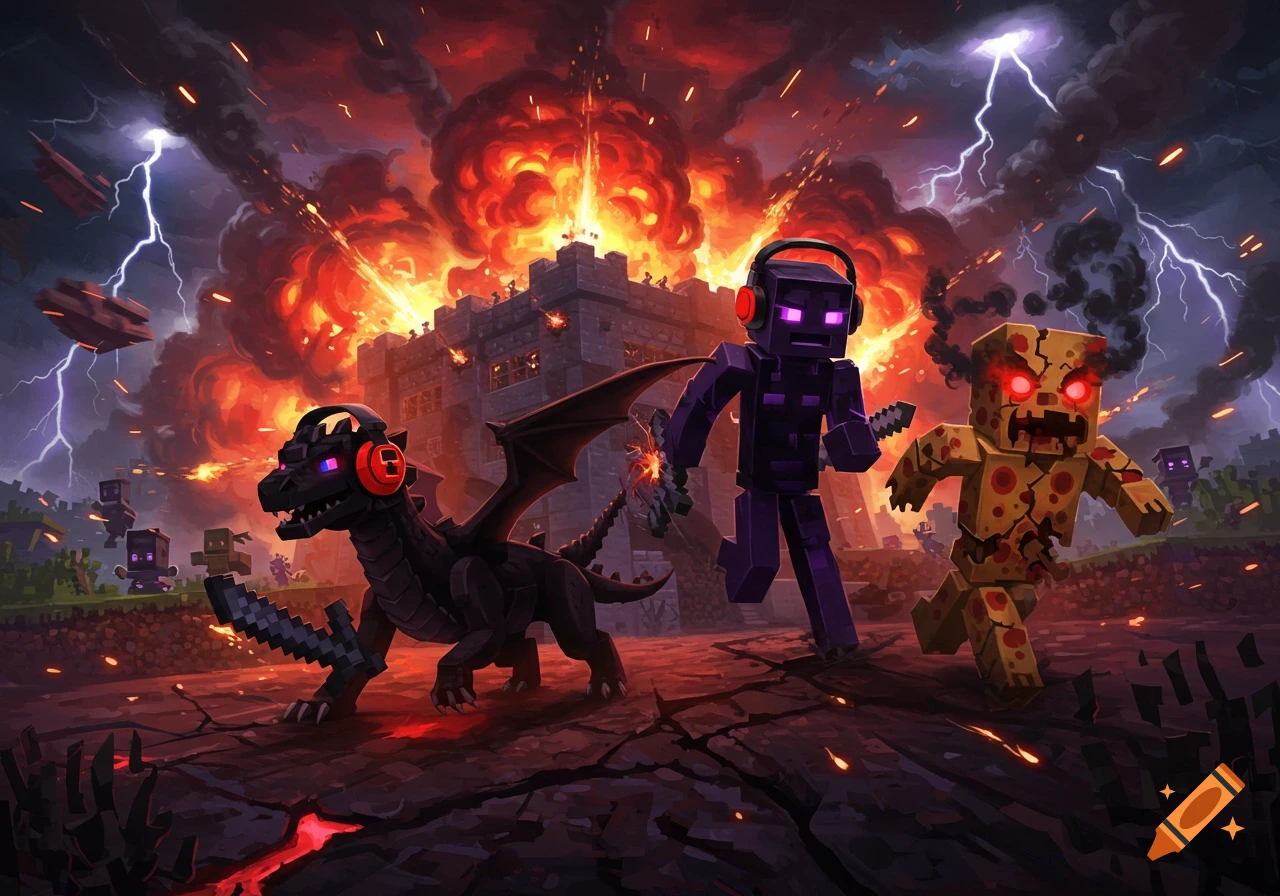 A dramatic Minecraft-style battle scene with an Enderman and a black dragon wearing headphones running from a corrupted zombie amidst explosions and lightning.