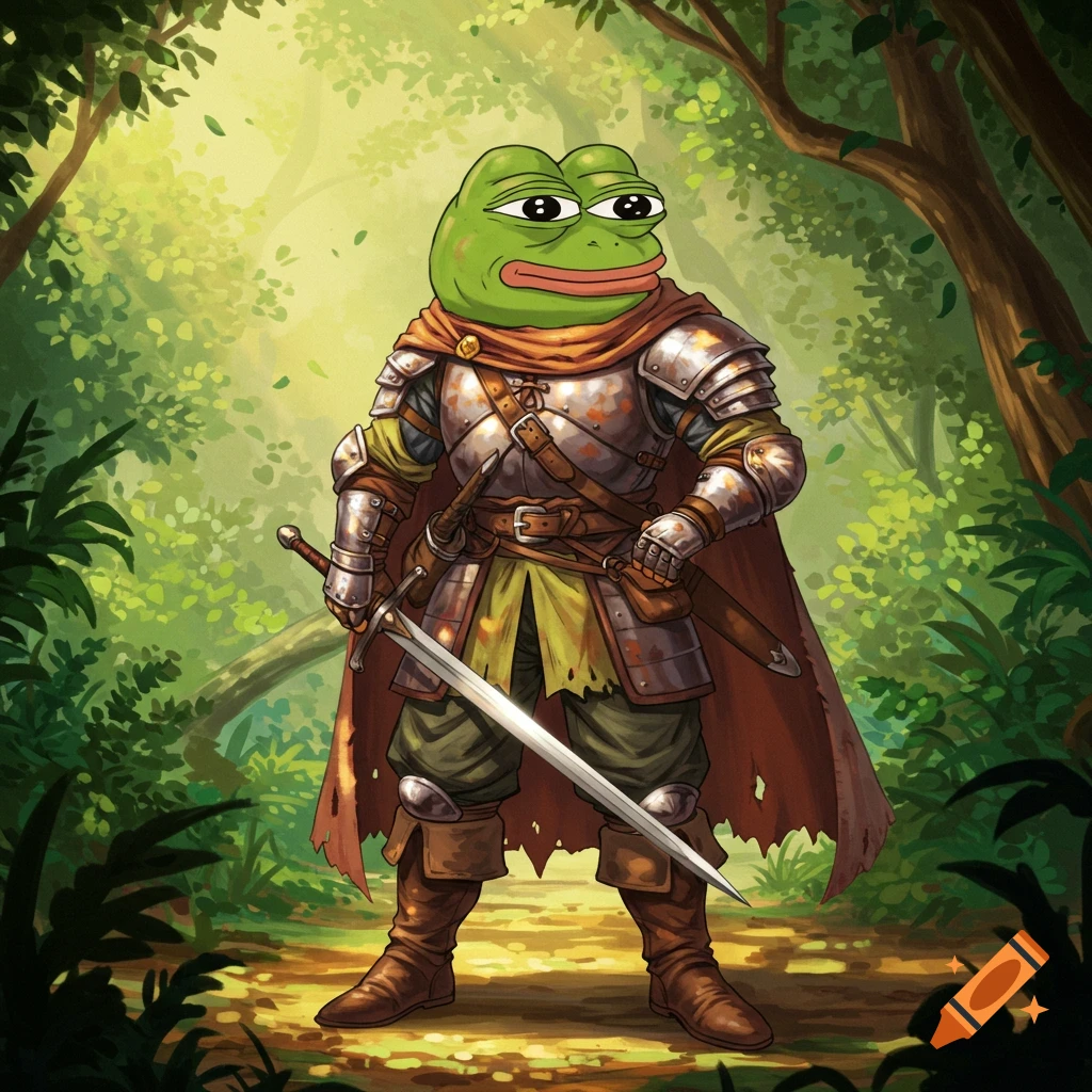 Pepe the Frog knight in armor holding a sword, standing in a lush, sunlit forest.