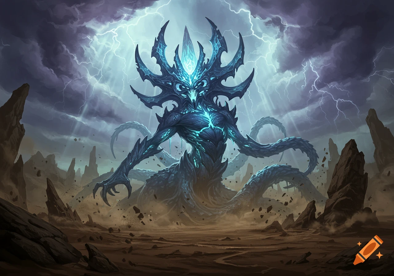 A towering, dark blue Eldrazi monster with glowing blue energy and multiple tendrils stands in a desolate, rocky landscape under a stormy, lightning-filled sky.