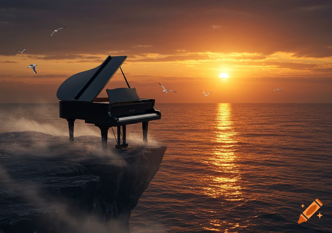 A photorealistic image of a grand piano on a cliff overlooking a golden ocean at sunset, with seagulls flying.