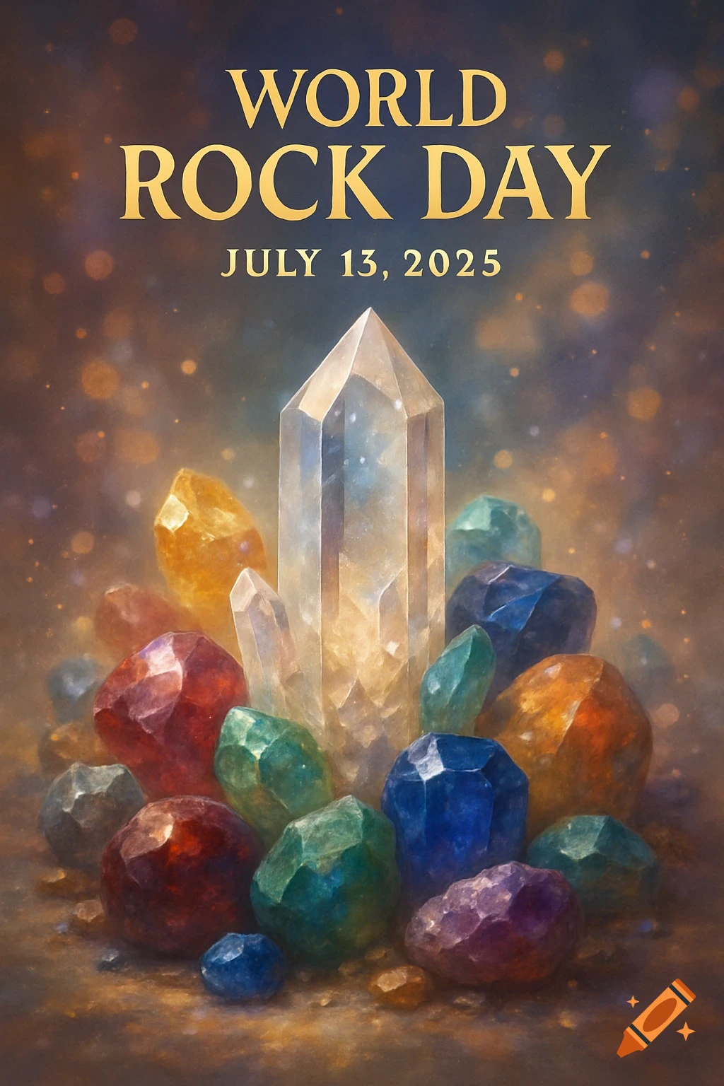 A vibrant illustration of a tall clear crystal surrounded by various colorful gemstones, with the text 'WORLD ROCK DAY JULY 13, 2025' above them.