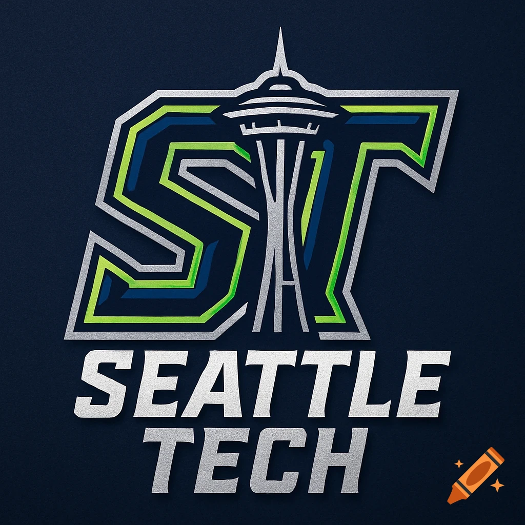 Stylized silver and neon green logo for Seattle Tech, featuring the letters ST with the Space Needle blended into the T, above the words Seattle Tech.