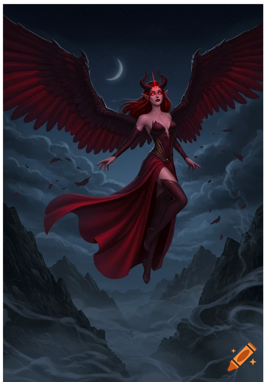 A red-winged demon princess with horns and glowing red eyes hovers above misty dark mountains under a crescent moon in a fantasy art style.