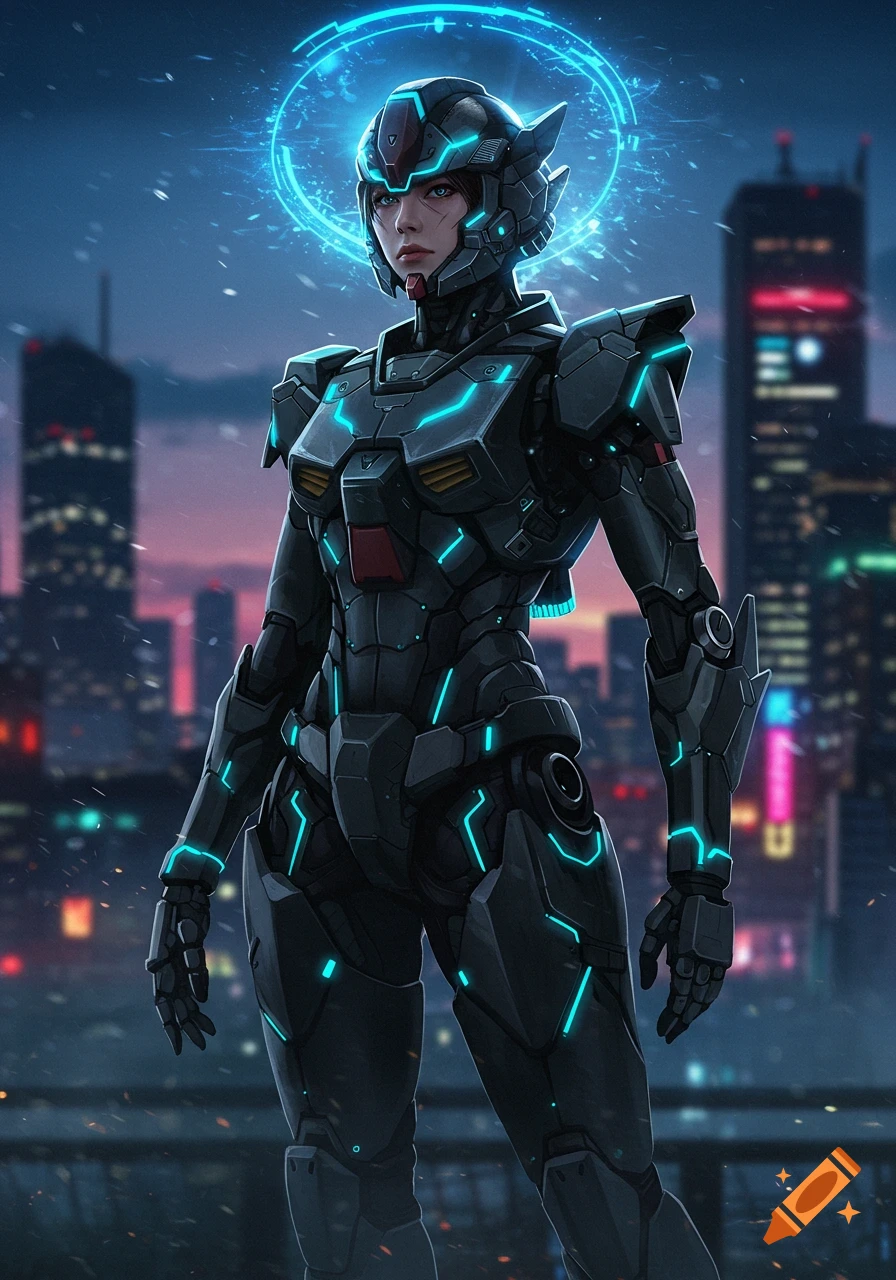 A female character in dark futuristic armor with glowing blue accents stands against a neon city night background.