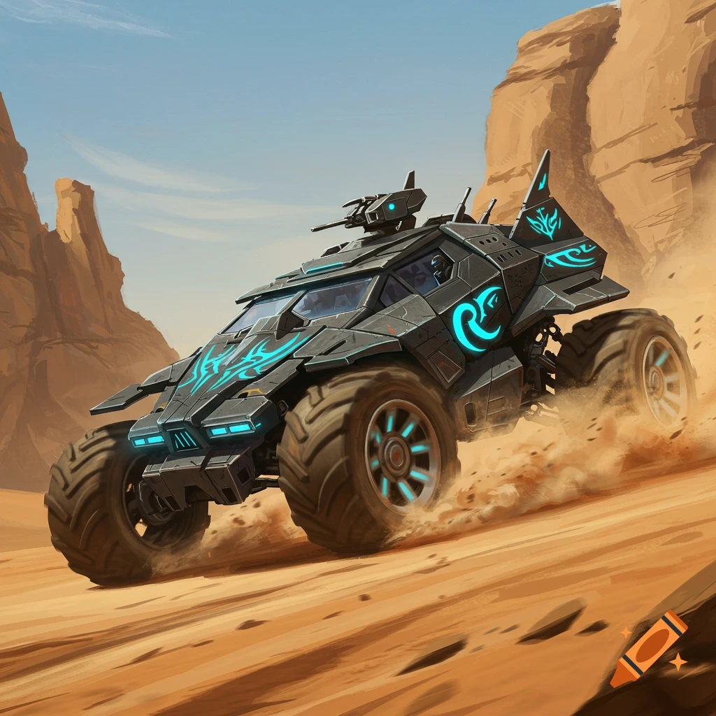A futuristic grey armored vehicle with glowing blue tribal designs drives through a sandy desert kicking up dust under a clear blue sky.