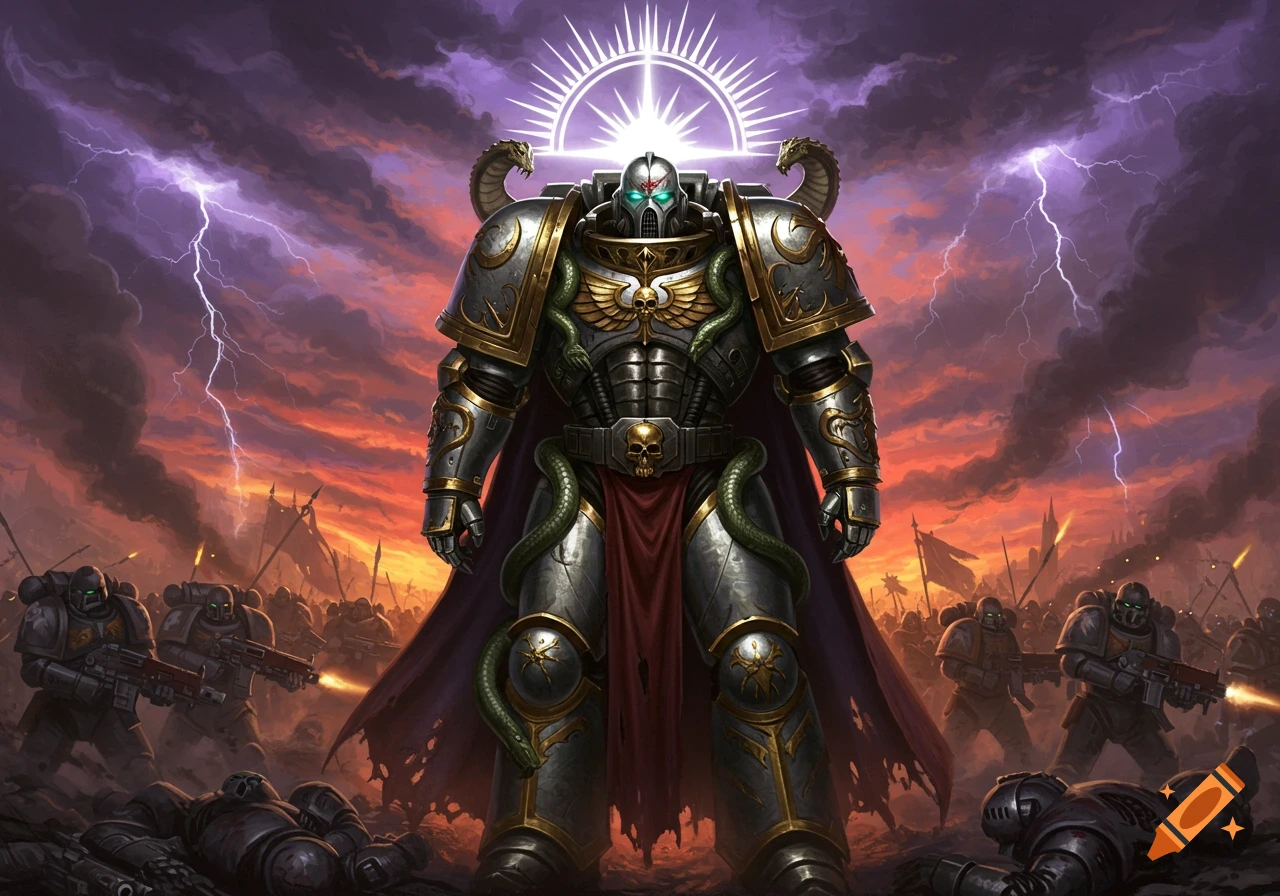 A heavily armored warrior with snake motifs and a glowing halo stands on a battlefield under a stormy sky with lightning.
