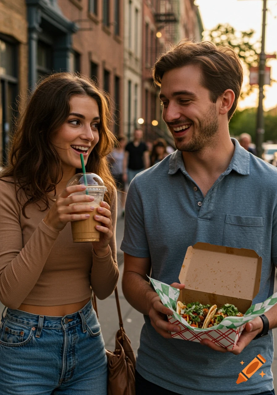 A man and woman smile on a city street, she holding iced coffee, he holding tacos, in a photorealistic style.