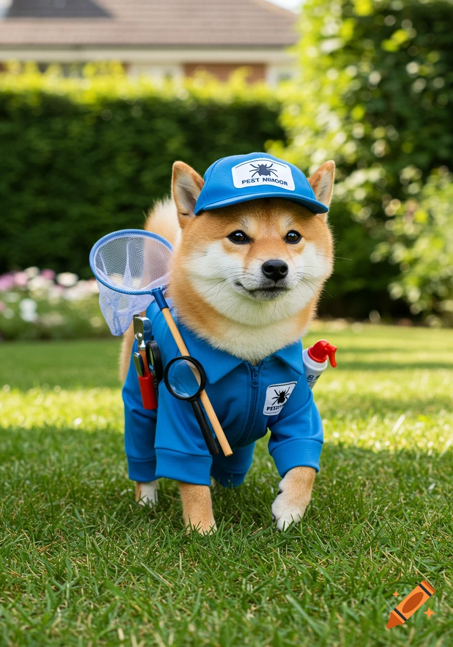 A shiba dog in a blue exterminator uniform, complete with a hat, a net, and a magnifying glass, stands on green grass.