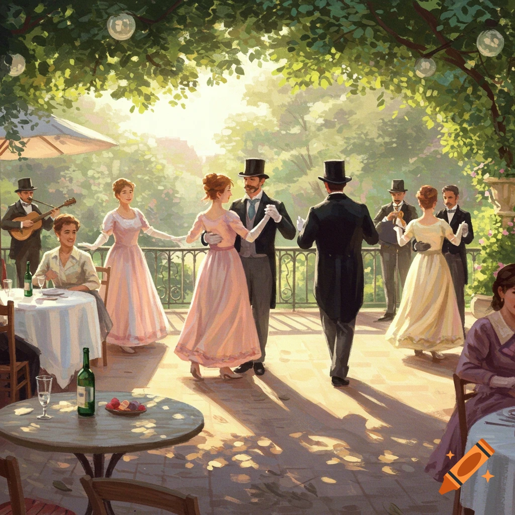 An impressionist painting depicts couples dancing and people dining on a sunny outdoor patio under a leafy pergola in late 1800s France, with a musician playing in the background.
