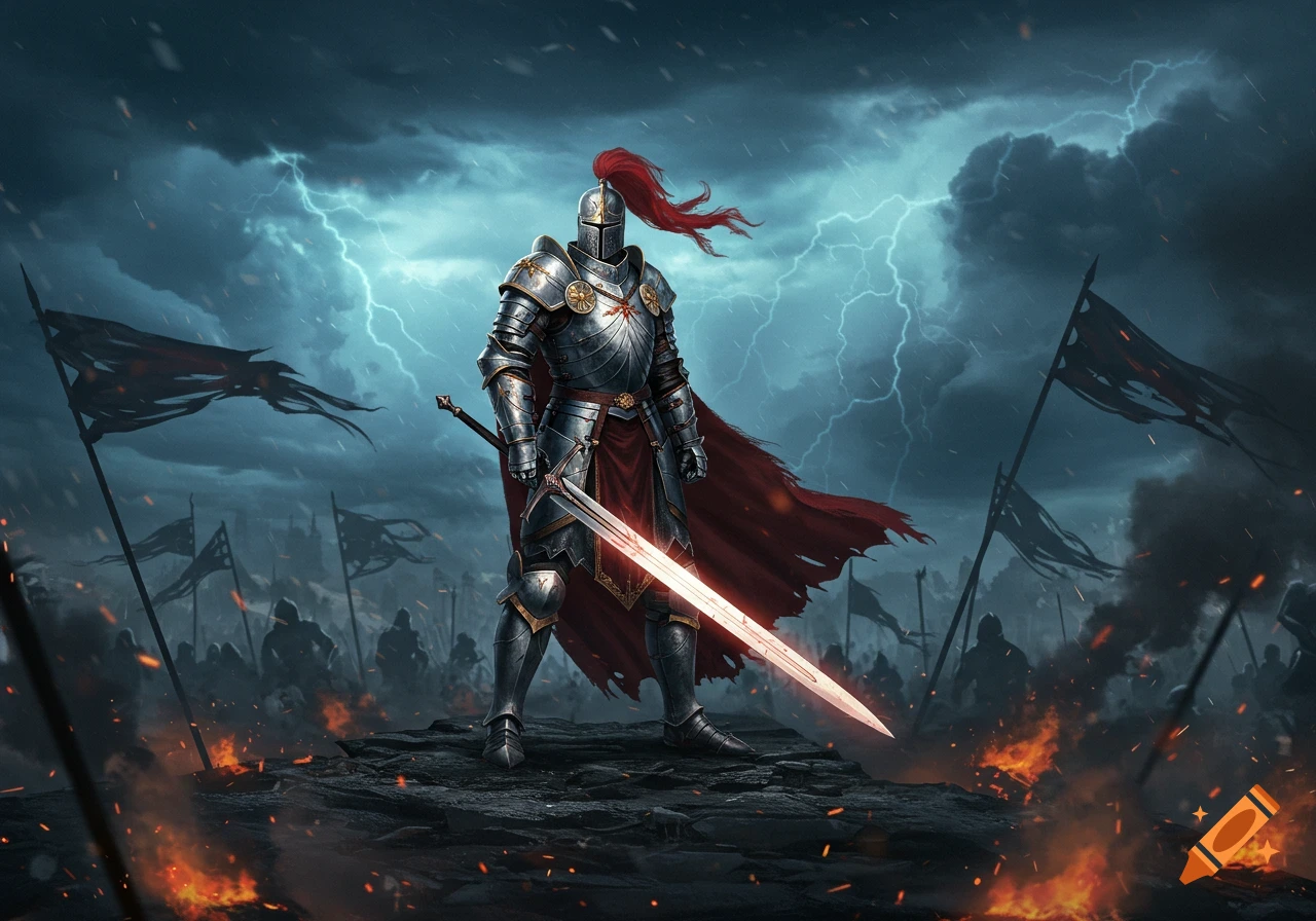 A heroic knight in shining armor stands on a rocky battlefield with a glowing sword under a stormy, lightning-filled sky.