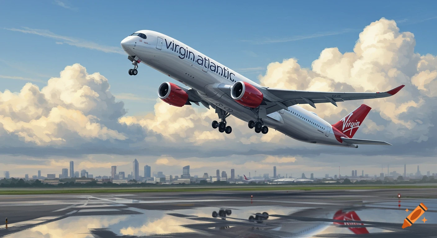 Photorealistic rendering of a Virgin Atlantic A350-1000 taking off from an airport runway with a city skyline.