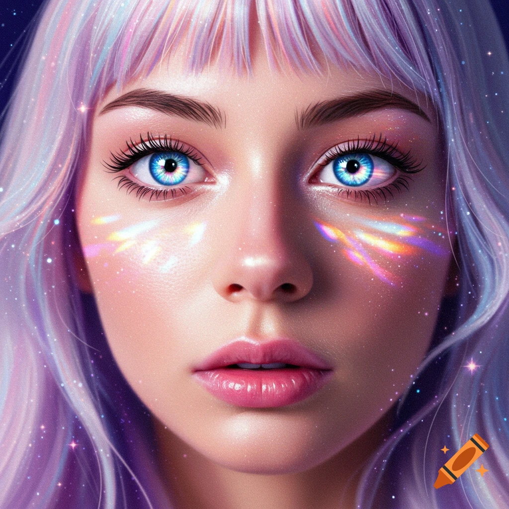 Close-up of a woman with pastel purple hair, sparkling blue eyes, and colorful light streaks across her face, in a whimsical digital art style.