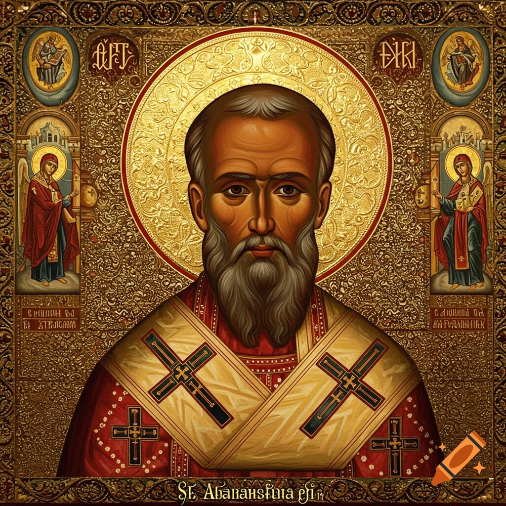 An ornate Orthodox icon depicting a bearded saint in red and gold robes with a halo, against a golden patterned background.