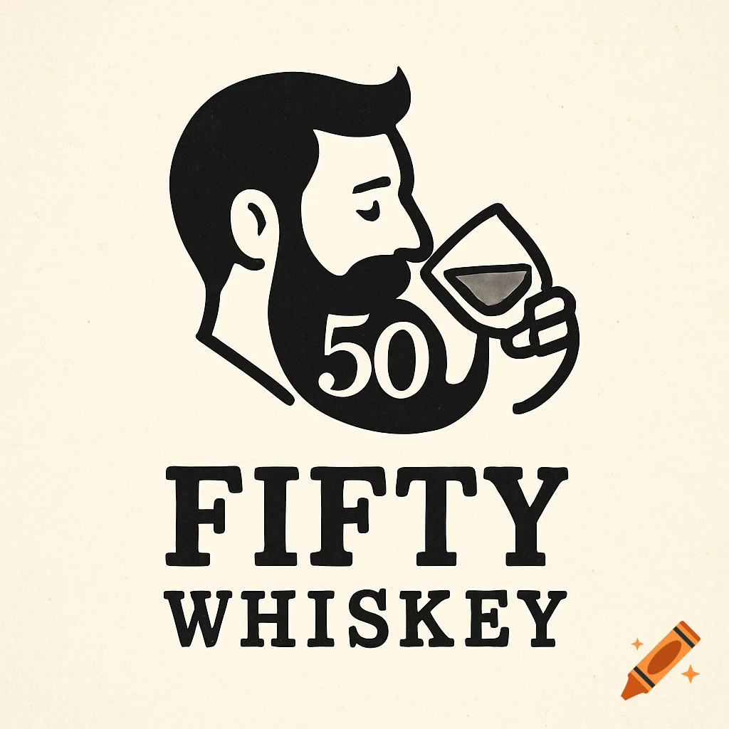 A black and white logo featuring the silhouette of a bearded man sipping from a glass, with the number '50' integrated into his beard and the text 'FIFTY WHISKEY' below.