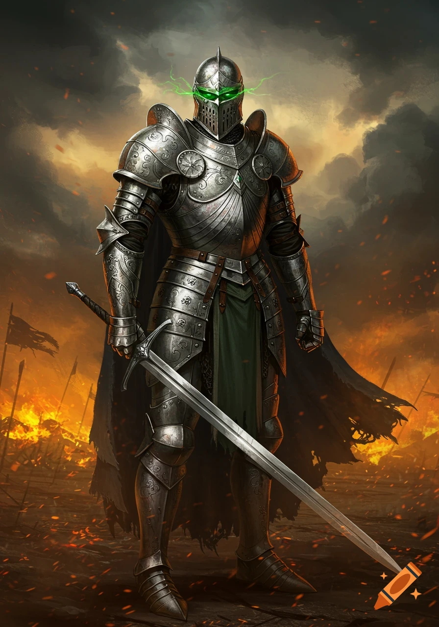 A knight in full silver armor with glowing green eyes stands on a fiery battlefield holding a large sword.