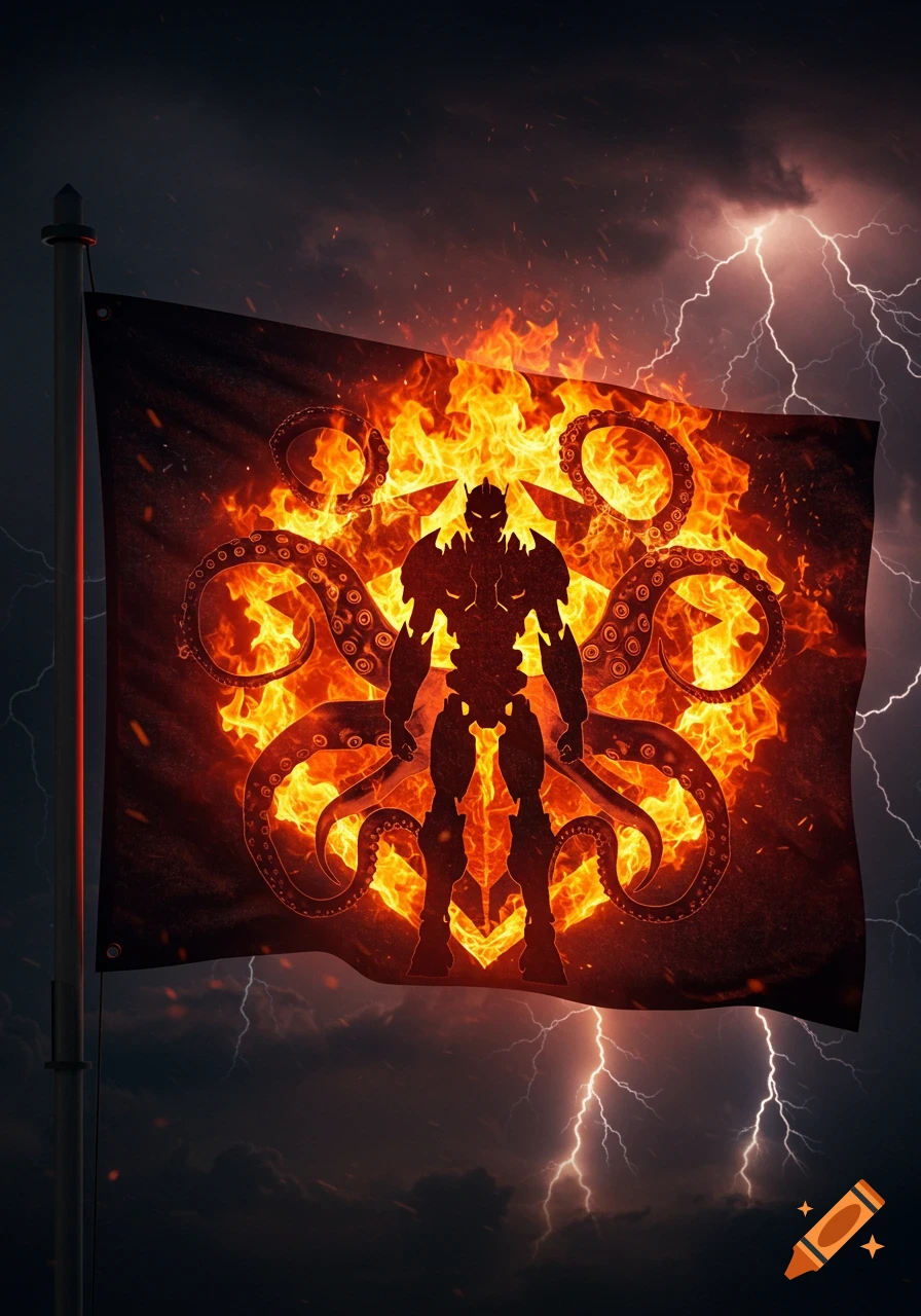 A black flag with a fiery silhouette of a robot surrounded by kraken tentacles, against a dark, lightning-filled sky.