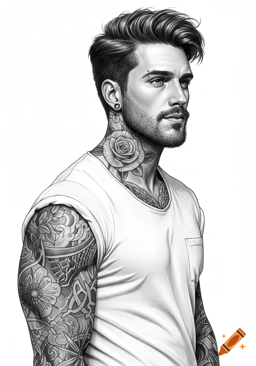 Pencil drawing of a tattooed man with a beard and piercings, looking right, on a white background.