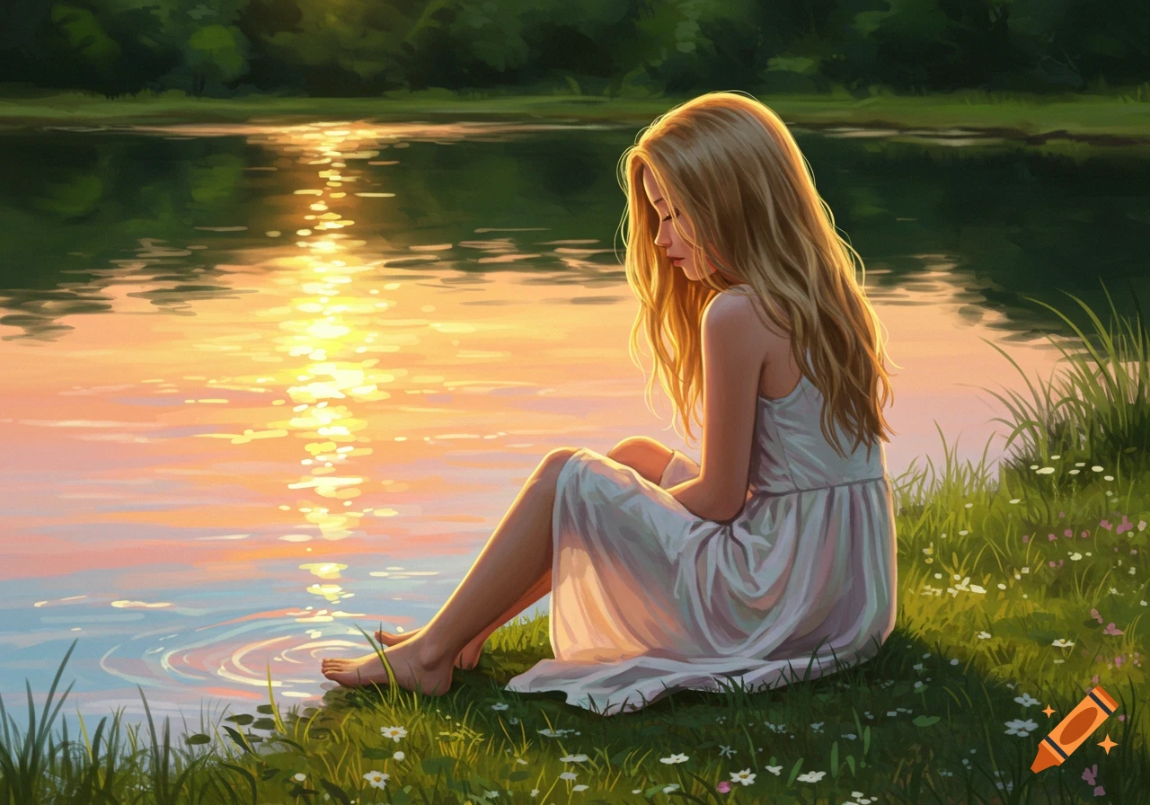 A girl with long blonde hair sits by a lake at sunset, dipping her toes in the water.
