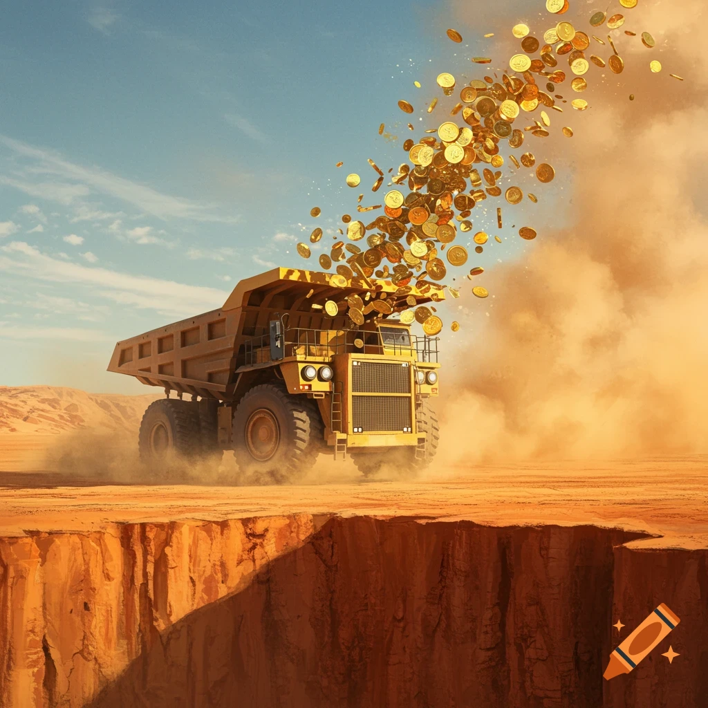 A large yellow mine truck drives in a dusty desert, spilling golden coins. A deep canyon is in the foreground.