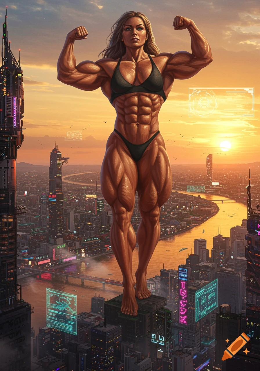 A giant muscular woman in a bikini poses atop a building in a sprawling futuristic city at sunset, flexing her biceps.