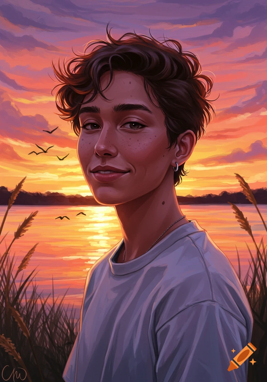 A vibrant digital painting of a young person with curly hair smiling at sunset by a lake with reeds and birds.