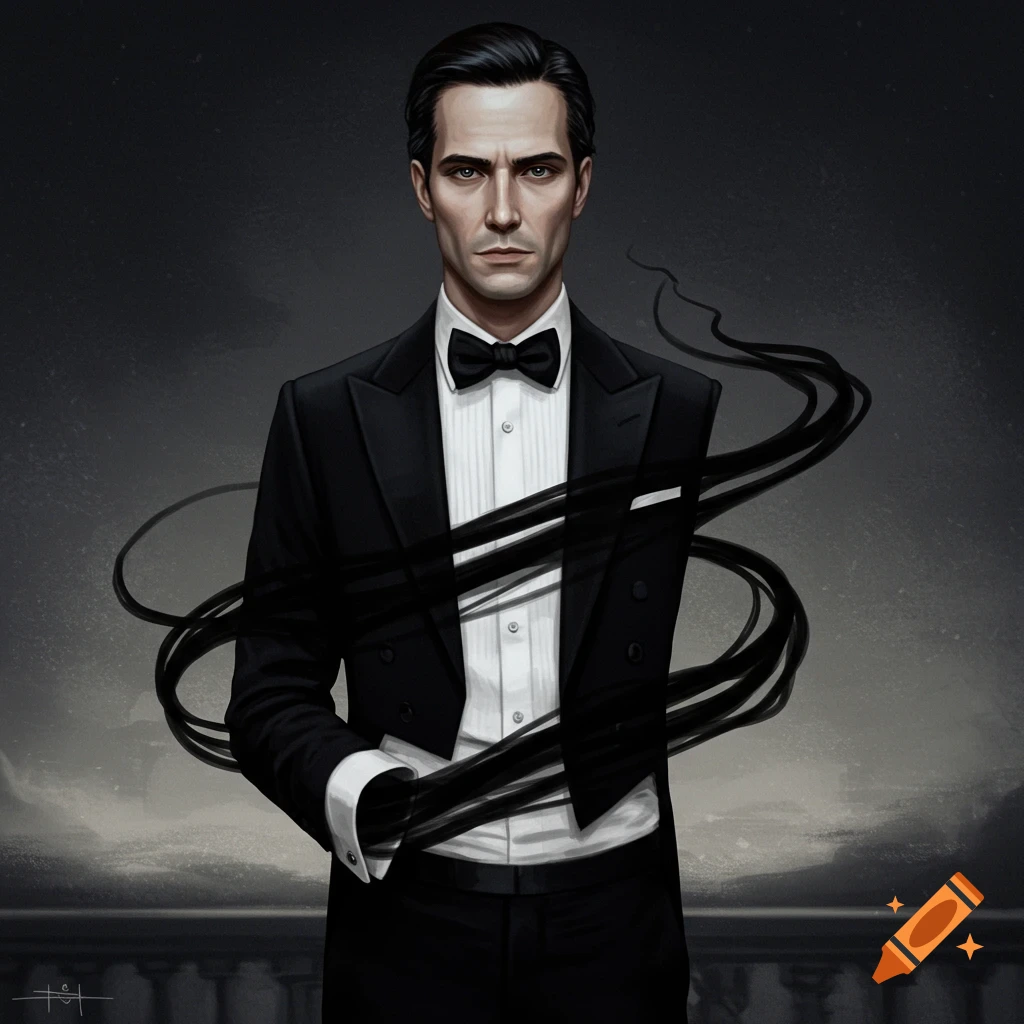 A formal portrait of a man in a black tuxedo and white dress shirt, with dark tendrils wrapping around his arms, against a moody dark background.