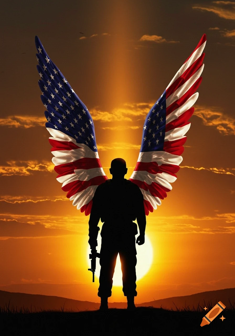 Silhouette of a soldier with American flag wings standing against a vibrant sunset.