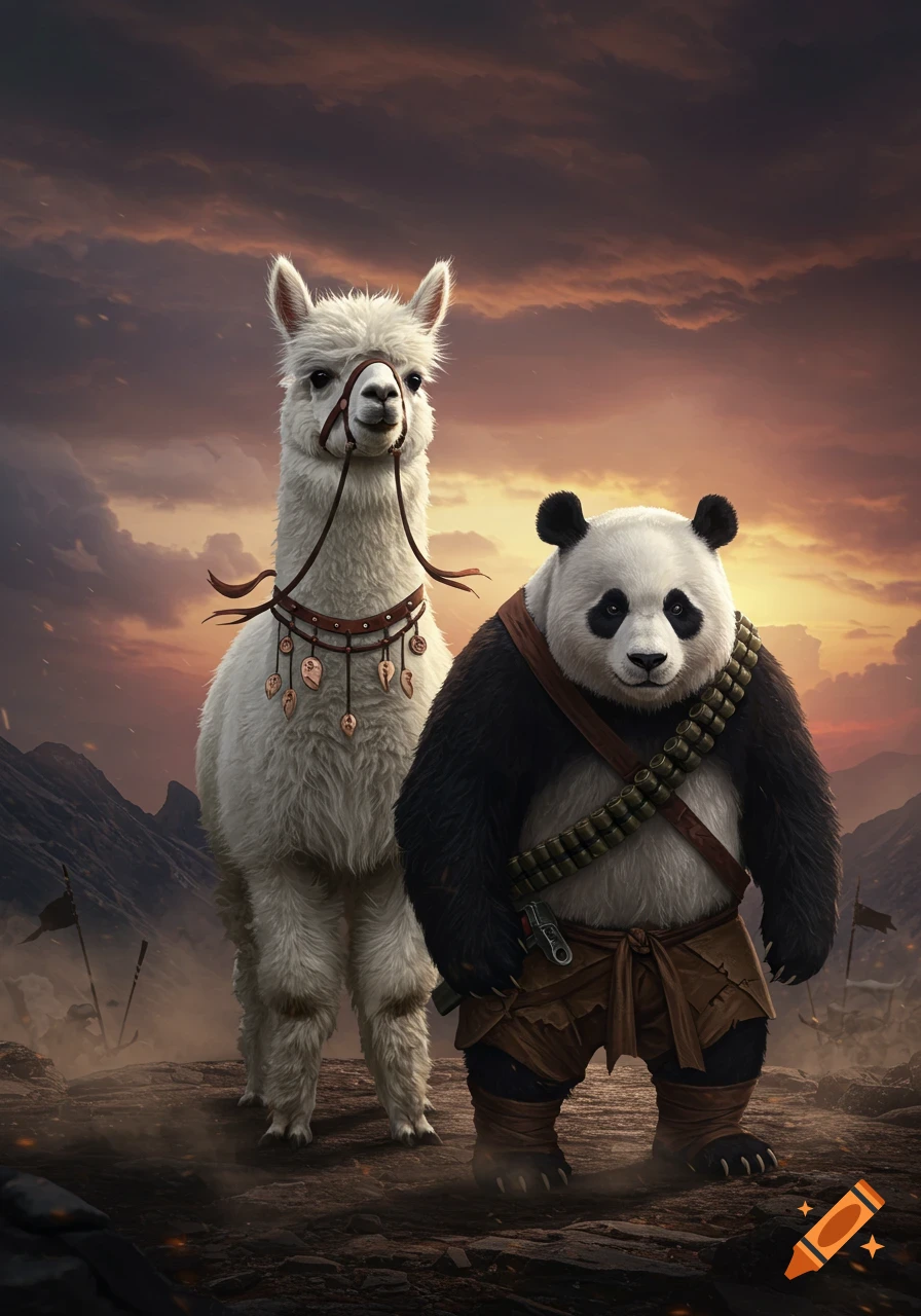 A photorealistic image of a white alpaca and a large panda, dressed in warrior attire, standing on a rocky battlefield under a dramatic, cloudy sky.